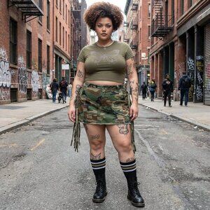 🖤 Micas Camo Patchwork Fringe Mini Skirt | Frayed Edges | Statement Streetwear